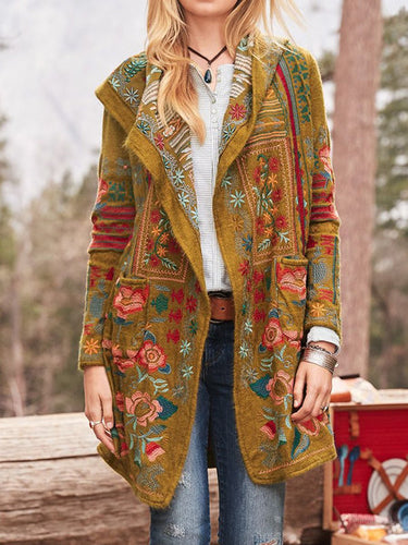 Damen kunstvoll bestickte Strickjacke mit Kapuze und Taschen Heidi-Mode