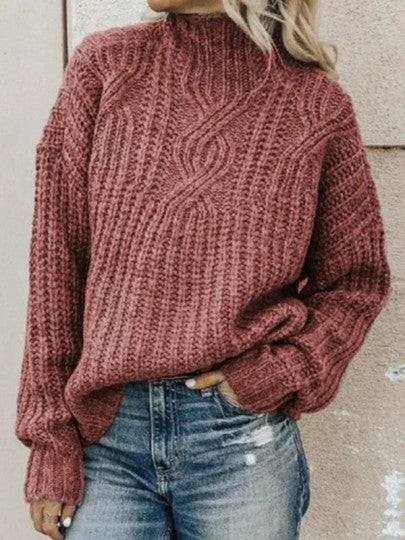 Damen Strickpullover mit hohem Kragen und Zopfmuster Heidi-Mode