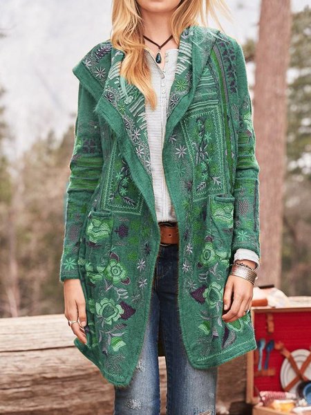 Damen kunstvoll bestickte Strickjacke mit Kapuze und Taschen Heidi-Mode