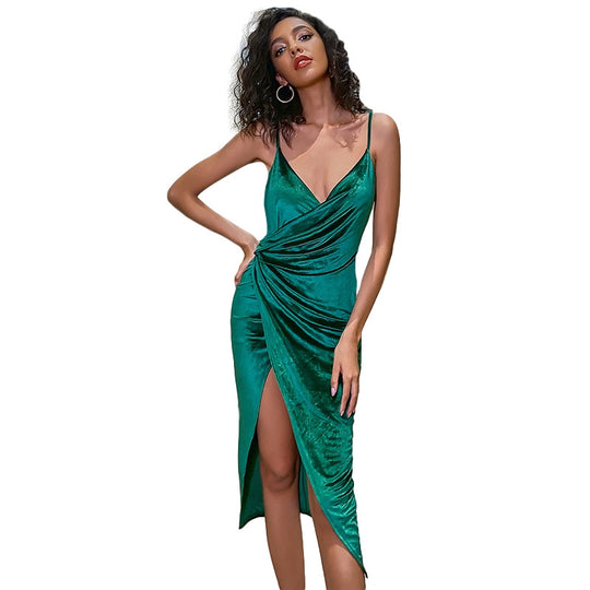 Damen Elegantes Wickelkleid mit hohem Beinschlitz und Spaghettiträgern Heidi-Mode