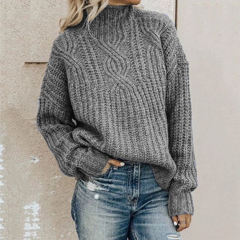 Damen Strickpullover mit hohem Kragen und Zopfmuster Heidi-Mode