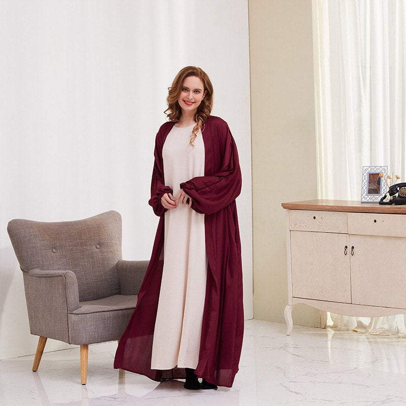 Heidi-Mode | 8 Farboptionen Satin Laternenärmel Offene Abaya Kleid Muslimische Dubai Frauen