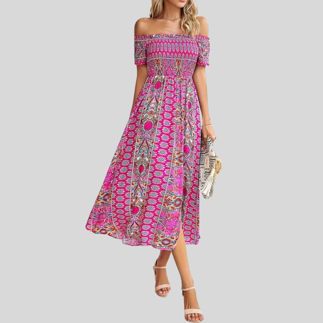 Langes Boho-Kleid mit freien Schultern und Rüschen