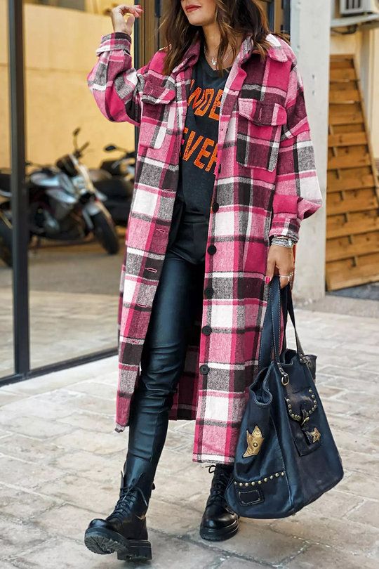 Heidi-Mode | Klappkragen Karoprint Wolle Lange Jacke