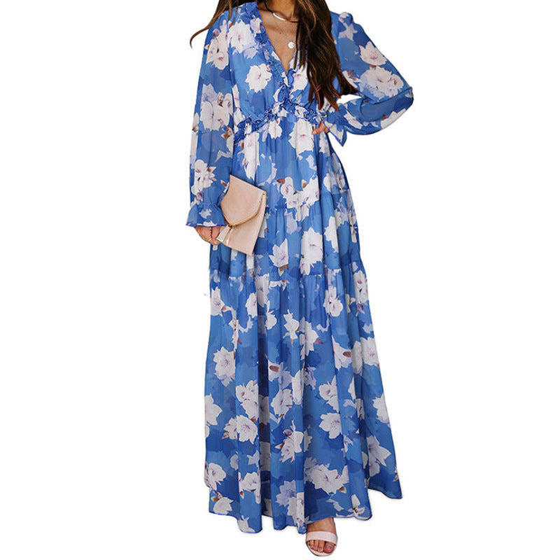 Heidi-Mode | Druck Kleid mit Langen Ärmeln und V-Ausschnitt