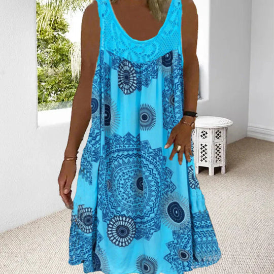 Heidi-Mode | Ärmelloses Kleid mit Lebendigem Boho-Print