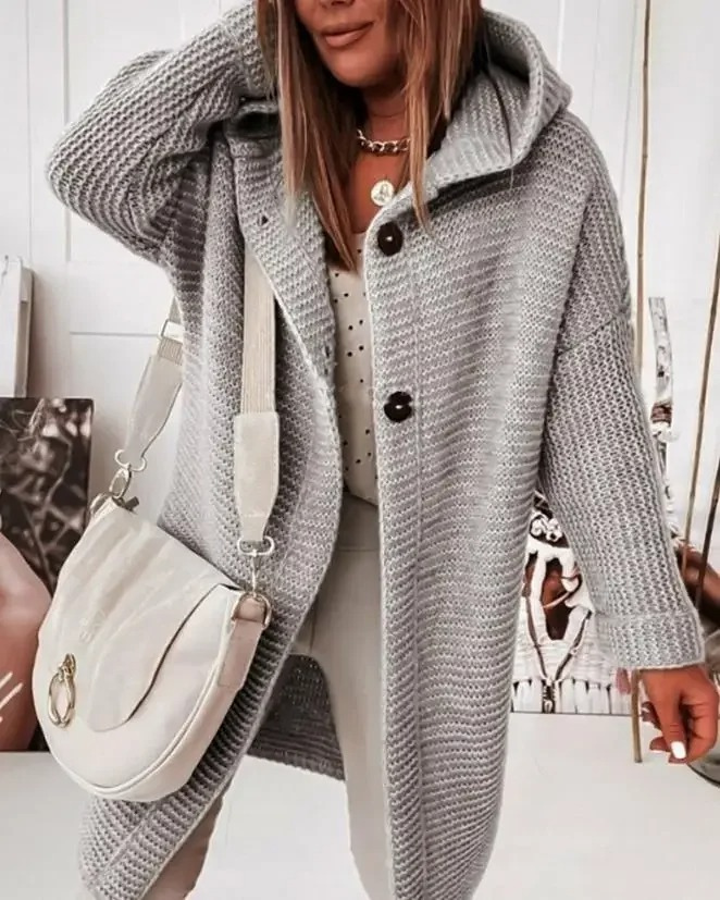 Heidi-Mode | Lange Damen-Weste, Strickjacke mit Kapuze und Knöpfen