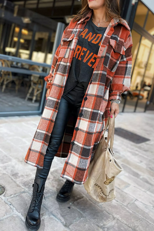 Heidi-Mode | Klappkragen Karoprint Wolle Lange Jacke