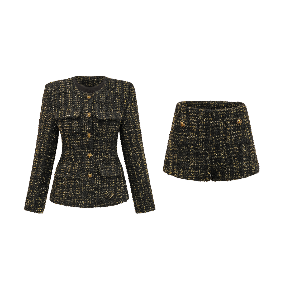 Heidi-Mode | Schwarze Metalliche Tweedjacke & Shorts Passendes Set