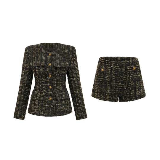 Heidi-Mode | Schwarze Metalliche Tweedjacke & Shorts Passendes Set