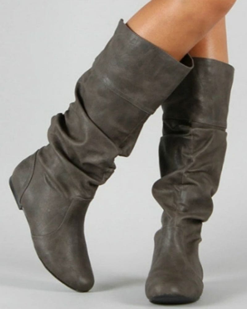 Heidi-Mode | Flache Stiefel mit Falten Bis Zum Knie