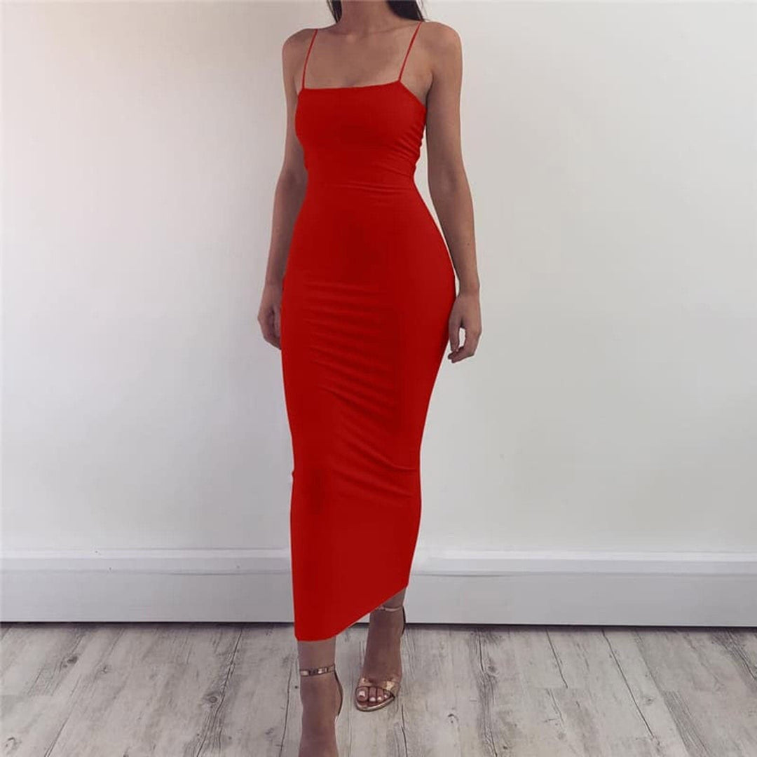 Heidi-Mode | Bodycon Kleid Midi Länge Spaghettiträger Elegant und Figurbetont