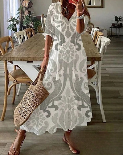 Kurzärmliges Bohemian-Midikleid mit bedrucktem Kordelzug und V-Ausschnitt