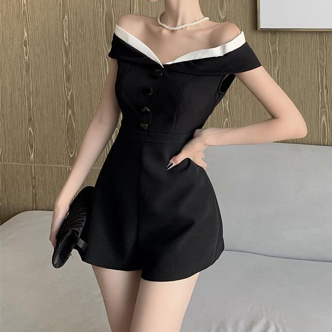 Heidi-Mode | Schwarzer Lässiger Off Shoulder Overall Shorts Romper