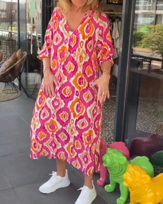 Heidi-Mode | Stilvolles Gemustertes Sommerkleid mit Halben Ärmeln