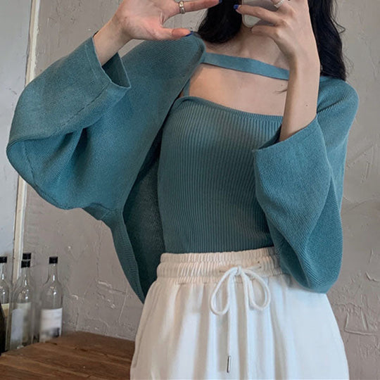 Heidi-Mode | Zwei Teiliger Einfarbiger Langärmeliger Gestrickter Bolero Strickjacke