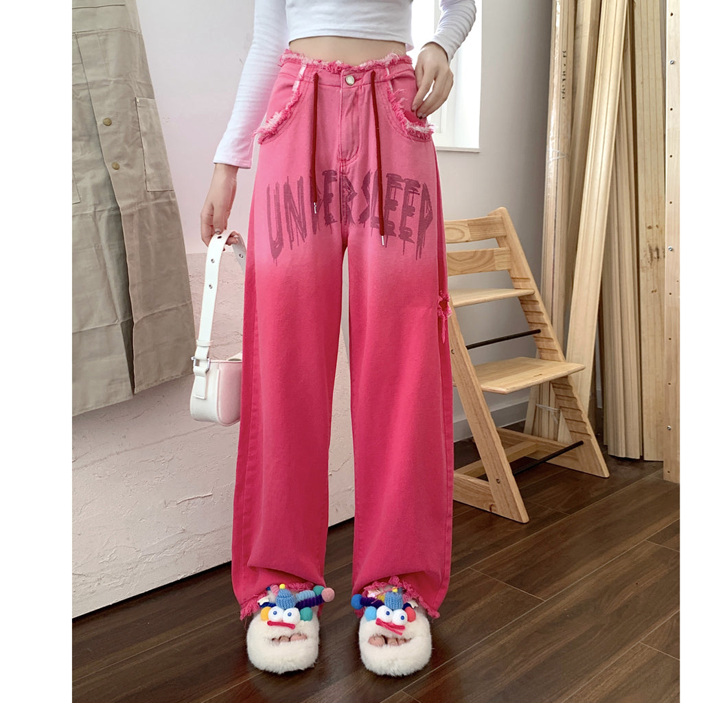 Heidi-Mode | Gradient Pink Letter Zerstörte Kordelzug Jeans