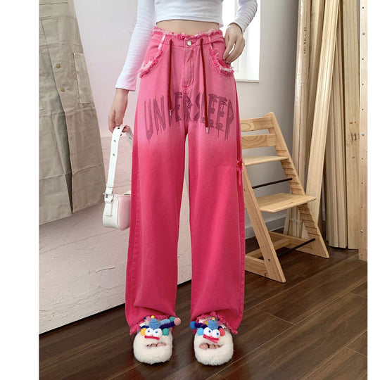 Heidi-Mode | Gradient Pink Letter Zerstörte Kordelzug Jeans