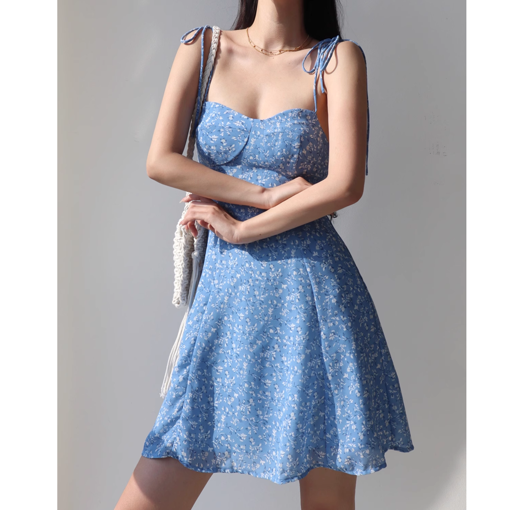 Heidi-Mode | Schnürung Taille Blauer Blumen A-Linie Cami Kleid