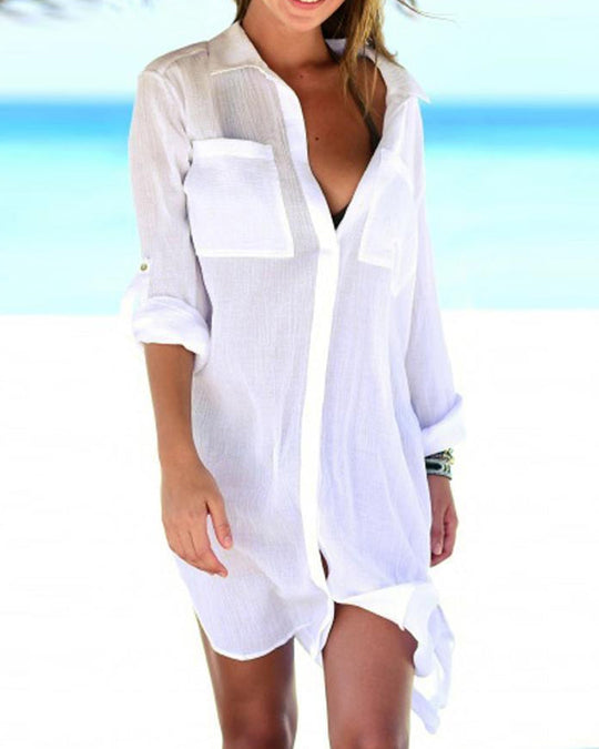 Strandbluse mit Crinkle-Tasche und verstecktem Knopf