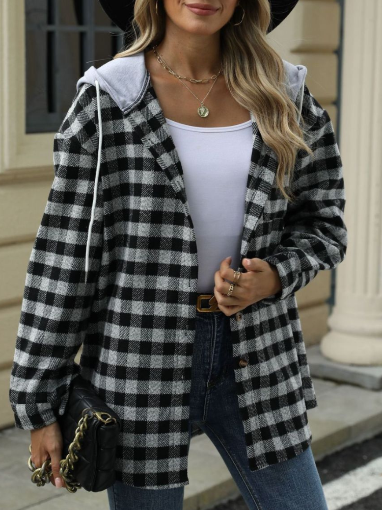 Heidi-Mode | Damen Kariert Jacke Mantel mit Kordelzug und Kapuze