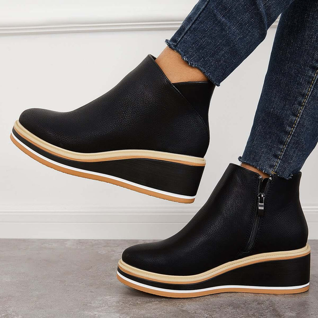 Heidi-Mode | Lässige Vegan Leder Plateau Stiefeletten mit Reißverschluss für Damen Ideal für Das Tägliche Tragen