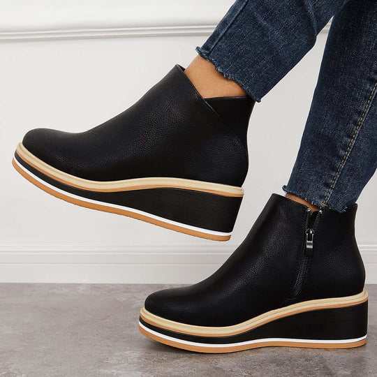 Heidi-Mode | Lässige Vegan Leder Plateau Stiefeletten mit Reißverschluss für Damen Ideal für Das Tägliche Tragen