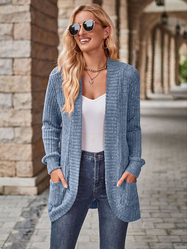Heidi-Mode | Damen Gerippter Offener Vorderseite Strickjacke Lange Ärmeln Lässig Strickpullover mit Taschen