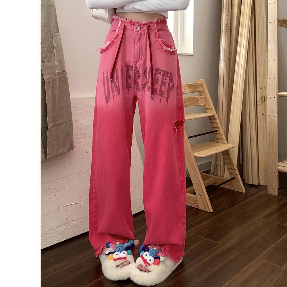 Heidi-Mode | Gradient Pink Letter Zerstörte Kordelzug Jeans