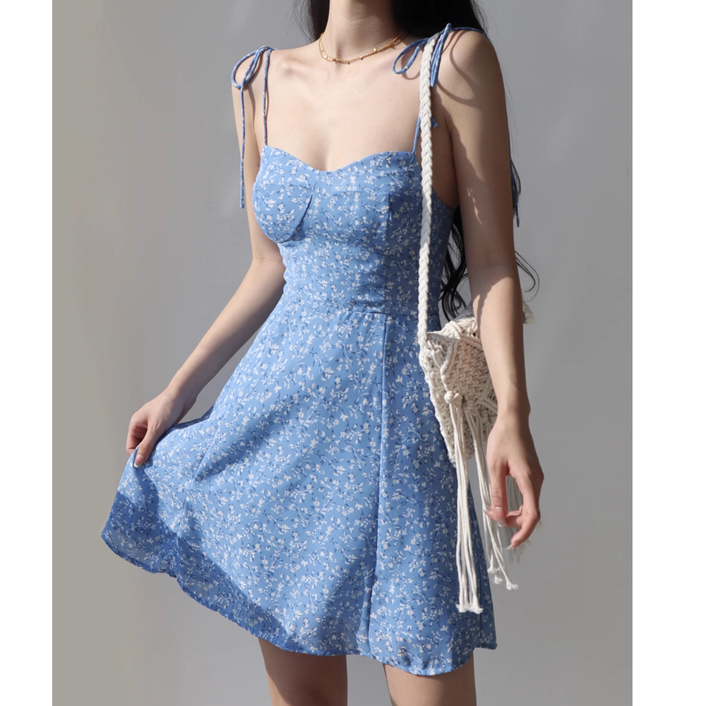 Heidi-Mode | Schnürung Taille Blauer Blumen A-Linie Cami Kleid