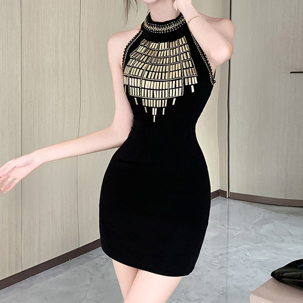 Heidi-Mode | Runder Hals Pailletten Ärmelloses Slim Schwarzes Kleid