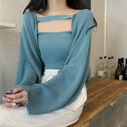 Heidi-Mode | Zwei Teiliger Einfarbiger Langärmeliger Gestrickter Bolero Strickjacke