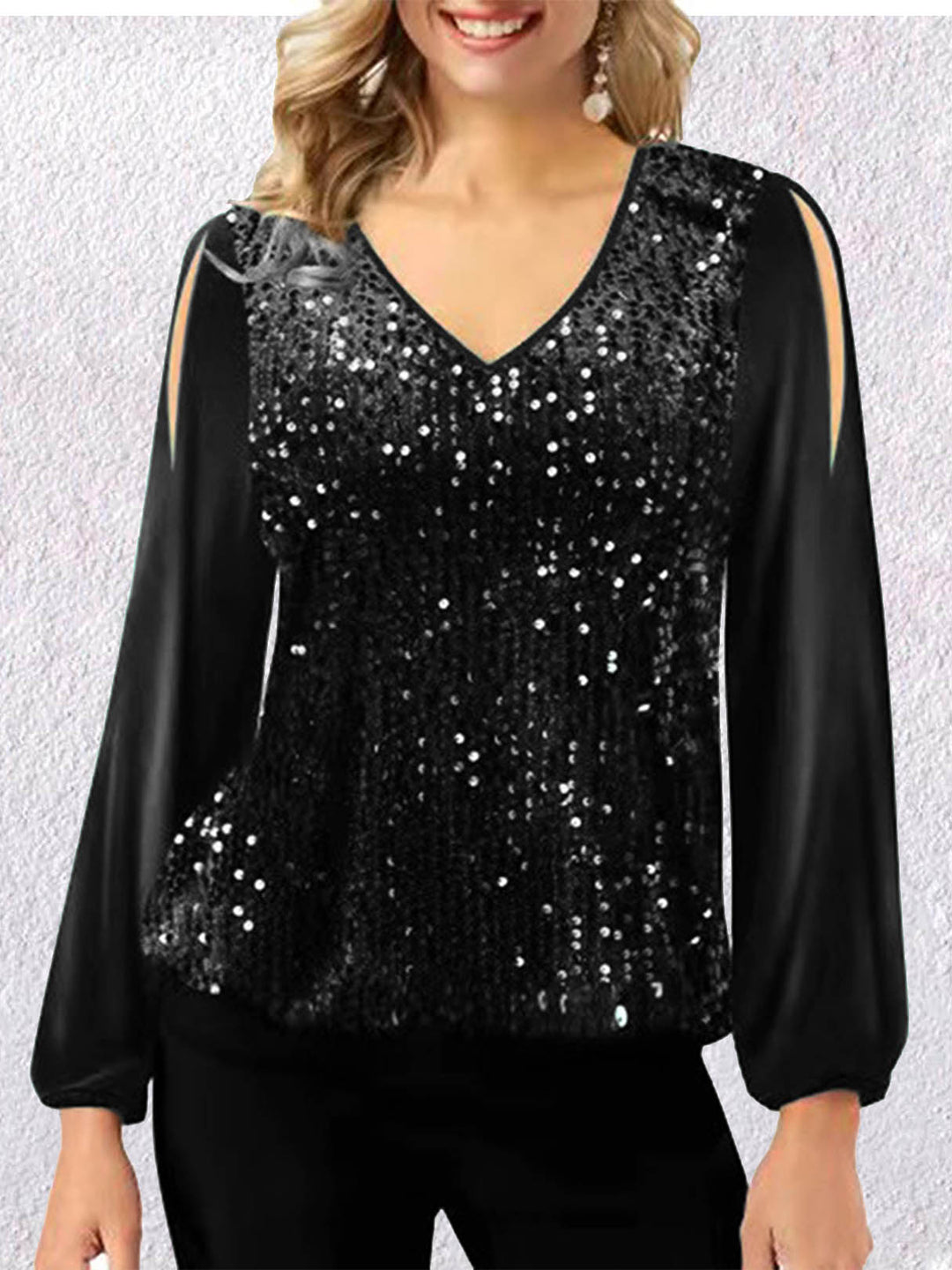 Heidi-Mode | Lässiger V-Ausschnitt Langarm Pailletten Bluse Top