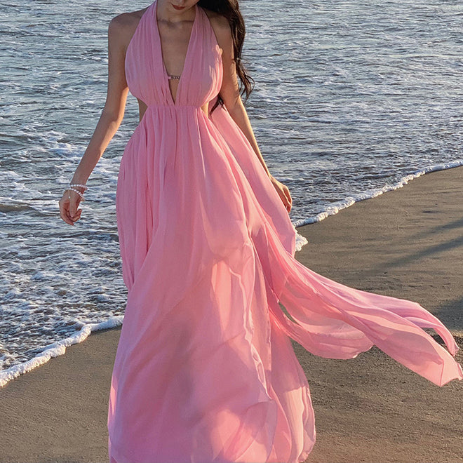 Heidi-Mode | Pink Ribbon Halter Neck Hollow Slit Urlaubskleid