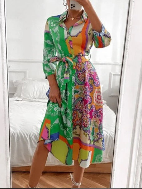 Heidi-Mode | Langarm Gedruckter Gürtel Foulard Midi Kleid