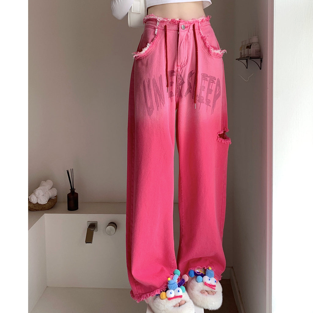 Heidi-Mode | Gradient Pink Letter Zerstörte Kordelzug Jeans