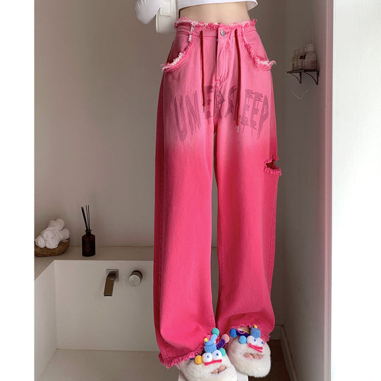 Heidi-Mode | Gradient Pink Letter Zerstörte Kordelzug Jeans