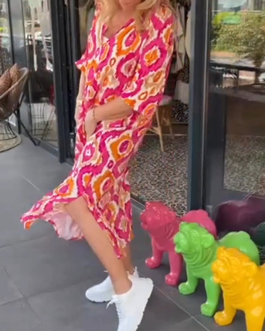 Heidi-Mode | Stilvolles Gemustertes Sommerkleid mit Halben Ärmeln