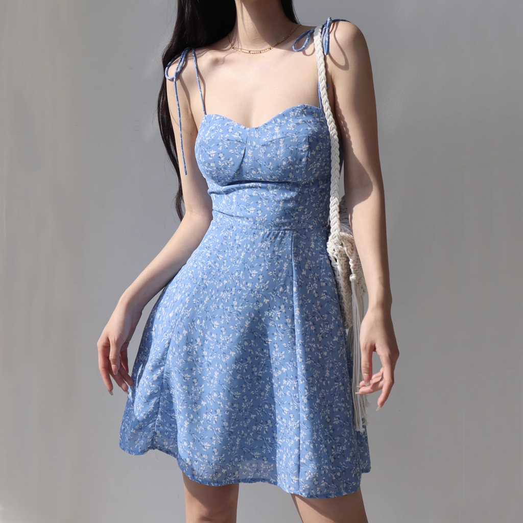 Heidi-Mode | Schnürung Taille Blauer Blumen A-Linie Cami Kleid