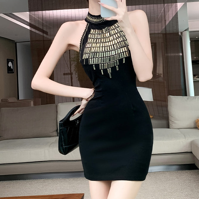Heidi-Mode | Runder Hals Pailletten Ärmelloses Slim Schwarzes Kleid