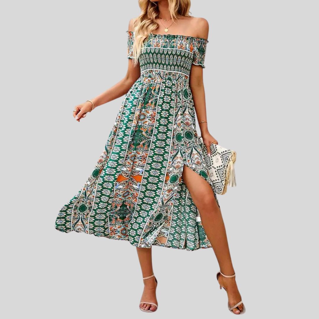 Langes Boho-Kleid mit freien Schultern und Rüschen