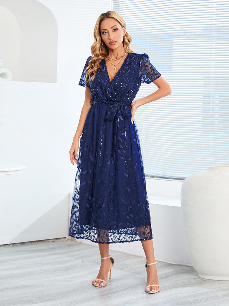 Heidi-Mode | Kurzärmliges Kreuz V-Ausschnitt Gürtel Midi Kleid