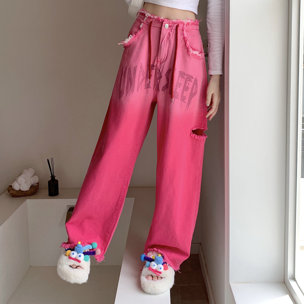 Heidi-Mode | Gradient Pink Letter Zerstörte Kordelzug Jeans
