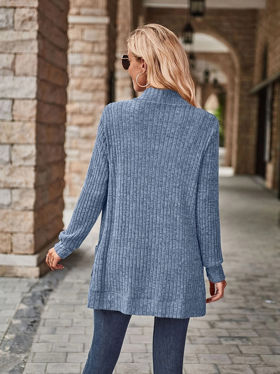 Heidi-Mode | Damen Gerippter Offener Vorderseite Strickjacke Lange Ärmeln Lässig Strickpullover mit Taschen