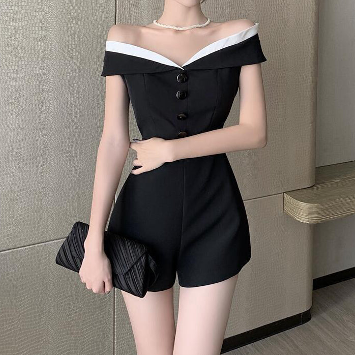 Heidi-Mode | Schwarzer Lässiger Off Shoulder Overall Shorts Romper