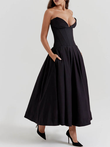 Elegante Schwarze trägerlose Midi Kleid