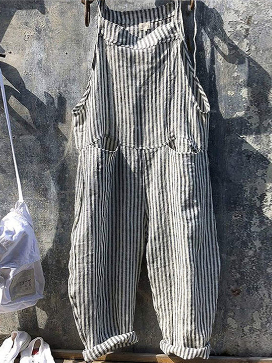Heidi-Mode | Jahrgang Baggy Jumpsuit mit Gestreiftem Stil und Taschen