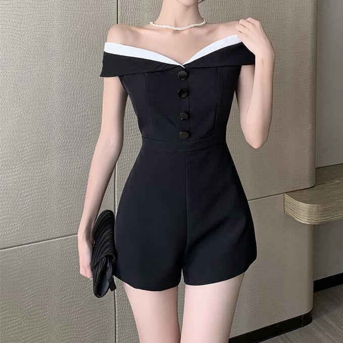 Heidi-Mode | Schwarzer Lässiger Off Shoulder Overall Shorts Romper