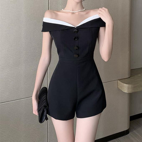 Heidi-Mode | Schwarzer Lässiger Off Shoulder Overall Shorts Romper