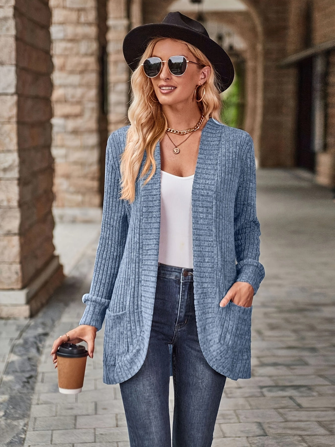 Heidi-Mode | Damen Gerippter Offener Vorderseite Strickjacke Lange Ärmeln Lässig Strickpullover mit Taschen
